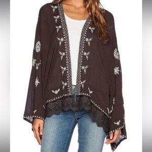 Free People Embroidered Lace Trim Oversize Boxy Slouchy Open Front Kimono Tunic